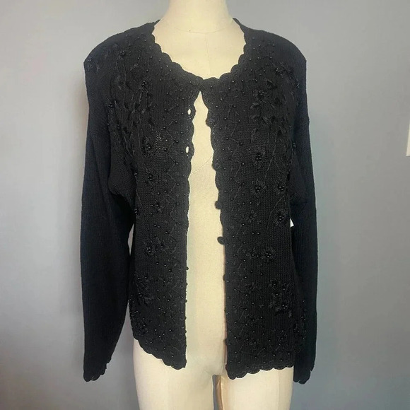 Tiara Sweaters - NWT Vintage 90s Black Dark Academia Floral Embroidered Knit Cardigan